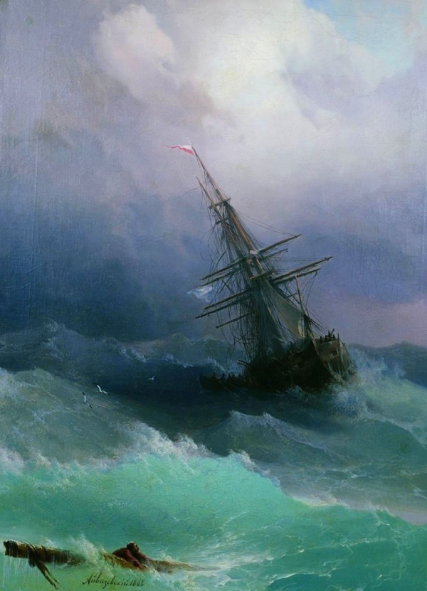 Буря на море и терпящий бедствие корабль на картине Айвазовского
