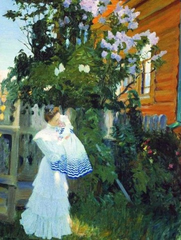 портрет жены с дочерью и сирень на картине Кустодиева 