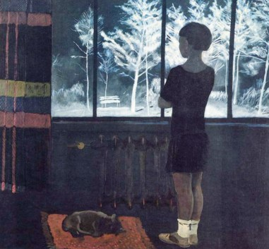 девочка у окна смотрит, как зима всё укрыла снегом на картине Дейнеки