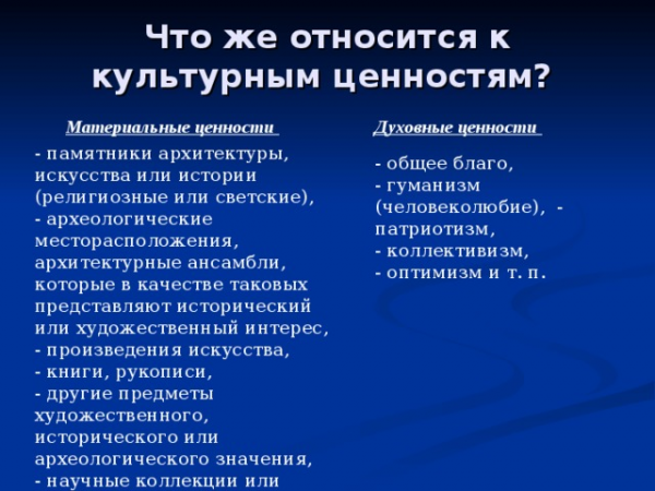 Что же относится к культурным ценностям? Материальные ценности Духовные ценности - памятники архитектуры, искусства или истории (религиозные или светские), - археологические месторасположения, архитектурные ансамбли, которые в качестве таковых представляют исторический или художественный интерес, - произведения искусства, - книги, рукописи, - другие предметы художественного, исторического или археологического значения, - научные коллекции или важные коллекции книг, архивных материалов или репродукций ценностей, указанных выше; </p>
<ul>
<li>общее благо, — гуманизм (человеколюбие), — патриотизм, — коллективизм, — оптимизм и т. п. » width=»640″> </center>
<p> Что же относится к культурным ценностям? </p>
<p> <u> <i>Материальные ценности</i> </u> </p>
<p> <u> <i>Духовные ценности</i> </u> </p>
<ul>
<li>памятники архитектуры, искусства или истории (религиозные или светские), — археологические месторасположения, архитектурные ансамбли, которые в качестве таковых представляют исторический или художественный интерес, — произведения искусства, — книги, рукописи, — другие предметы художественного, исторического или археологического значения, — научные коллекции или важные коллекции книг, архивных материалов или репродукций ценностей, указанных выше; </li>
<li>общее благо, </li>
<li>гуманизм (человеколюбие), — патриотизм, </li>
<li>коллективизм, </li>
</ul>
<p> — оптимизм и т. п. </p>
<p> <center> <img src=