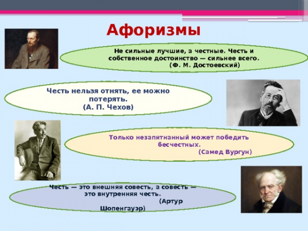 Афоризмы Не сильные лучшие, а честные. Честь и собственное достоинство — сильнее всего. (Ф. М. Достоевский) Честь нельзя отнять, ее можно потерять. (А. П. Чехов) Только незапятнанный может победить бесчестных. (Самед Вургун) Честь — это внешняя совесть, а совесть — это внутренняя честь. (Артур Шопенгауэр)